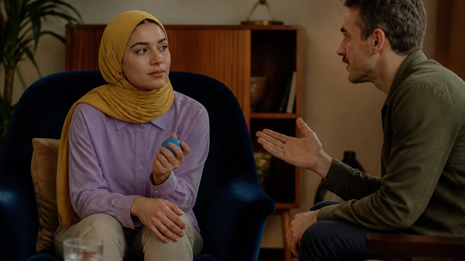 Evren Psikiyatri Terapi Seansı Evren ilçesinde terapist eşliğinde rahatlama teknikleri uygulayan genç.